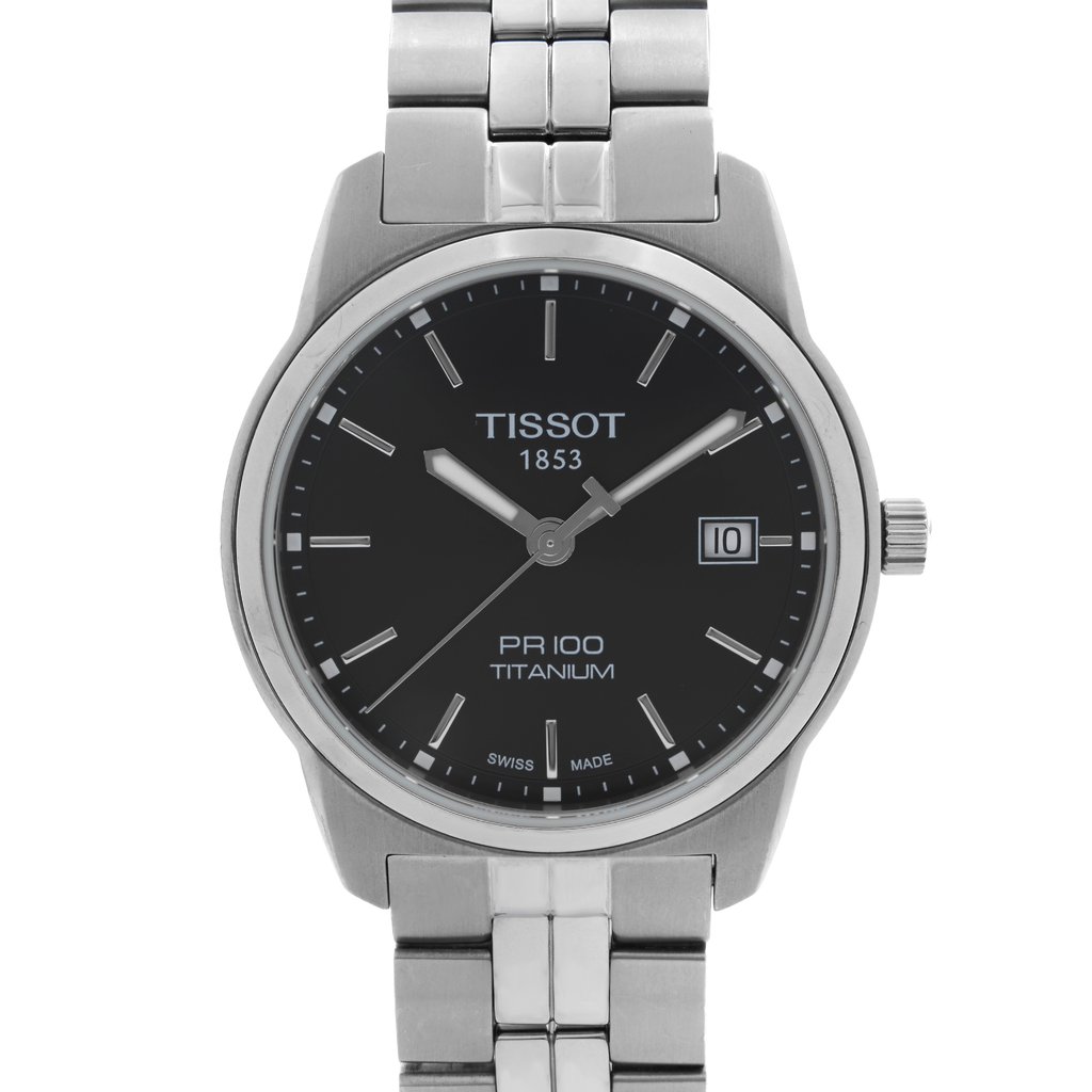 Up Close Front Facing Picture Of Tissot T049.410.44.051.00 Titanium Watch Display Model Condition