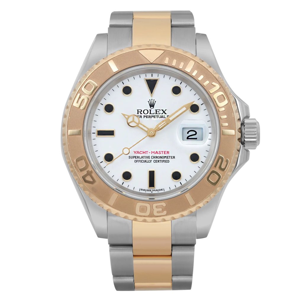 An image of a pre-owned wristwatch viewed from the front in a full frontal angle. The watch features a two-tone metal band and a distinctive gold bezel. The dial is white with black hour markers and gold hands, including a date display. The brand name is visible on the dial. The image captures the watch closely, highlighting its details and craftsmanship.
