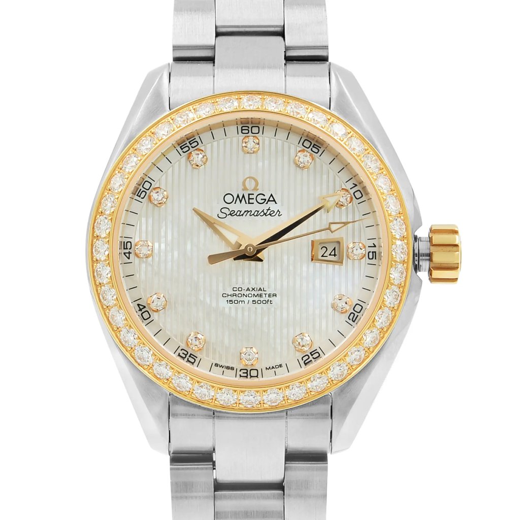 Up Close Front Facing Picture Of OMEGA 231.25.34.20.55.004 Stainless Steel Watch Display Model Condition