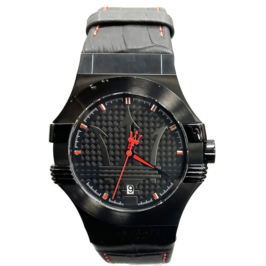 An image of a Wristwatch by Maserati. This New With Defects item is designed for Men, featuring a Dress/Formal style. It has a Quartz movement and an Analog display with a Black dial color. The indices include 12-Hour Dial,Baton Indexes. The band is made of Leather and the case is made of Stainless Steel. The watch has a Round shape with a case size of 42 mm and a case thickness of 11 mm.