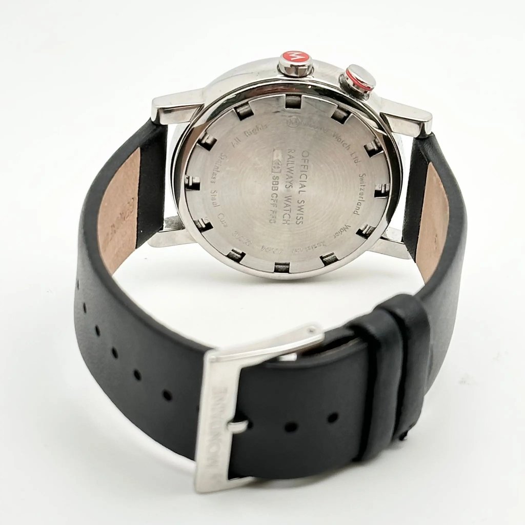 Back View Of Solid Back Case And Closed Leather Band Of Mondaine A468-30352-11SBB Watch Pre Owned Condition