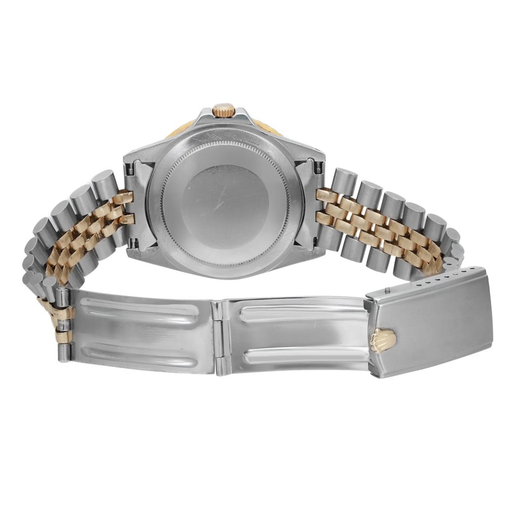 An image of a pre-owned wristwatch, viewed from the back. The watch features a two-tone metal bracelet with interlocking silver and gold links. The clasp is open and positioned at the bottom of the image, revealing its inner mechanism. The watch case is centrally positioned, showcasing its smooth, round back. The angle is straight-on, capturing the details of the bracelet and clasp at a close distance.
