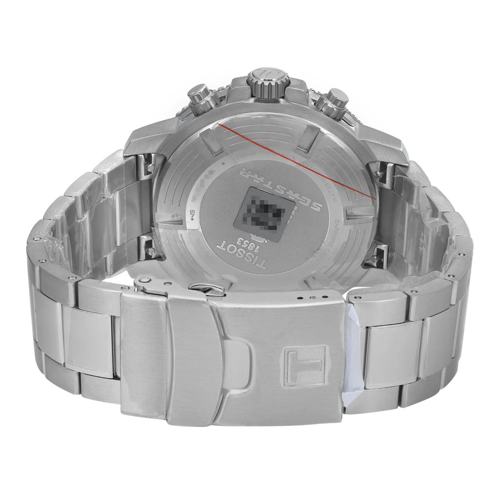 Back View Of Screwback Back Case And Closed Stainless Steel Band Of Tissot T120.417.11.041.03 Watch New With Defects Condition