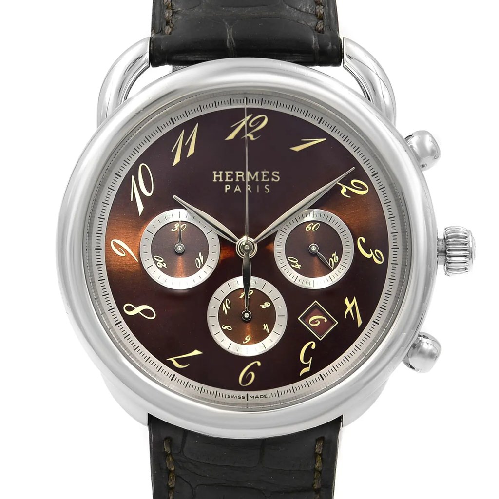 Up Close Front Facing Picture Of Hermes AR4.910 Stainless Steel Watch Pre Owned Condition