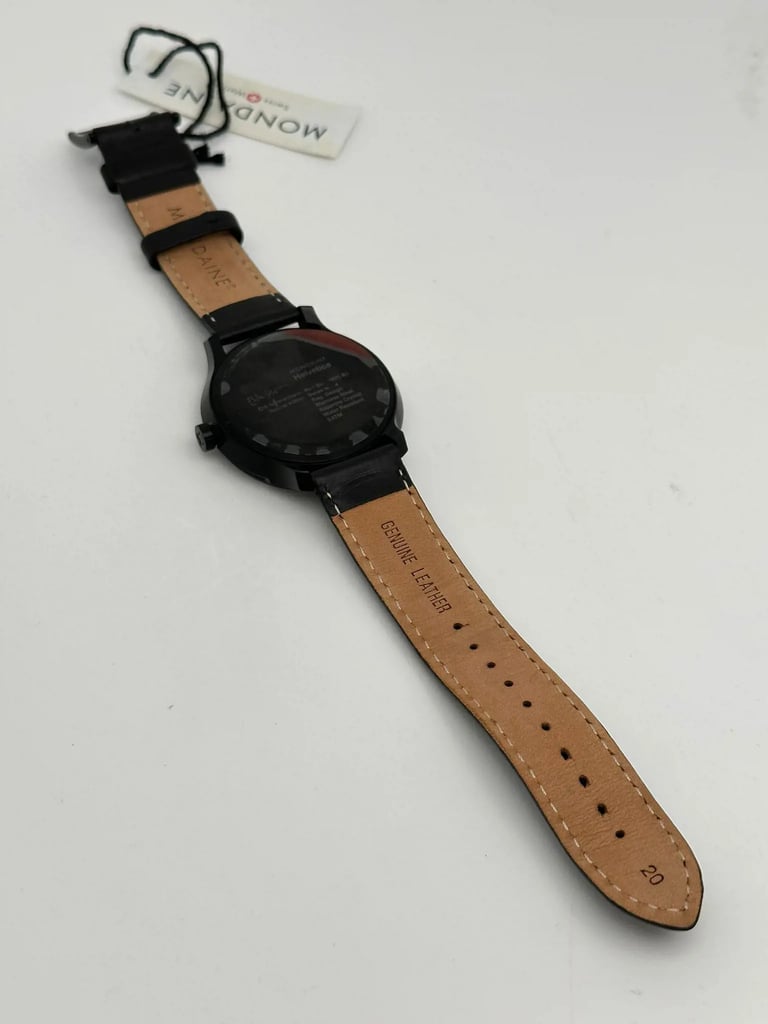 Back View Of Screwback Back Case And Open Leather Band Of Mondaine MH1.B1222.LB Watch Display Model Condition