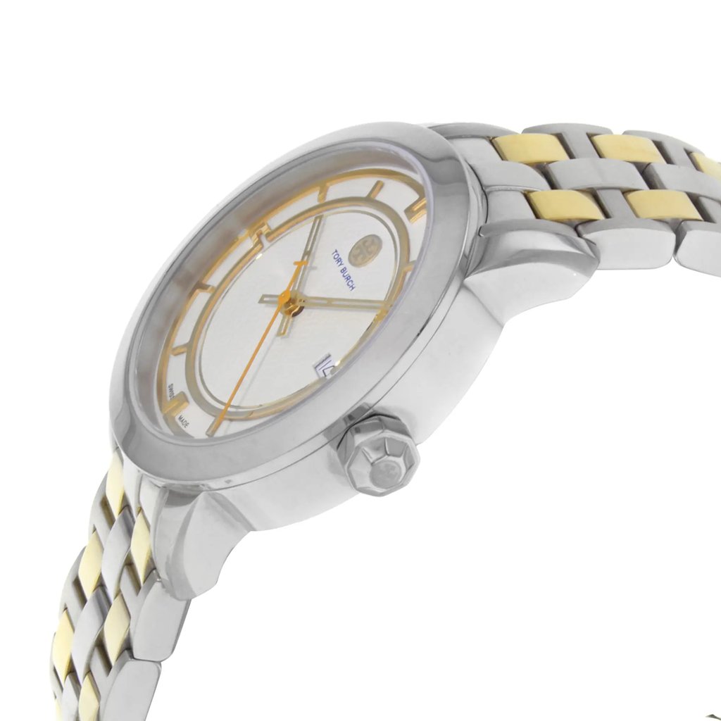 View Of Crown Facing Side Of Tory Burch TRB1014 Stainless Steel Watch Pre Owned Condition