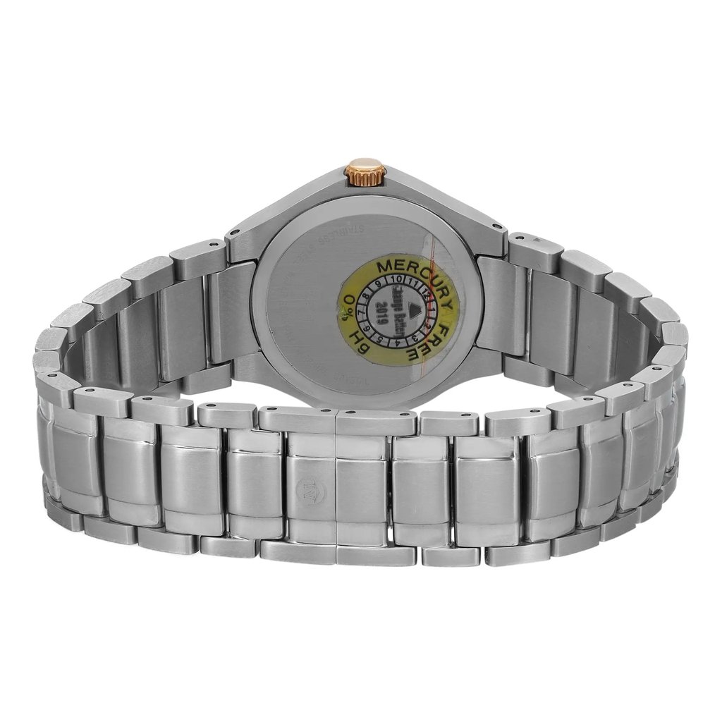 An image of a pre-owned wristwatch taken from the back view, showcasing the closed clasp. The angle is straight on, focusing on the stainless steel bracelet and case back. The watch is centered in the frame, captured from a close distance, highlighting the details on the back including a circular label.