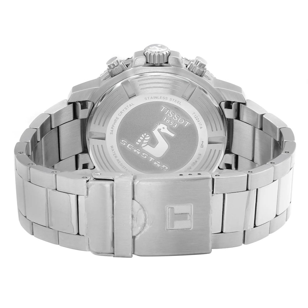 Back View Of Screwback Back Case And Closed Stainless Steel Band Of Tissot T120.417.11.051.00 Watch New With Defects Condition