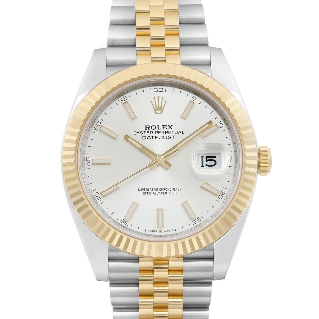 An image of an unworn Rolex Oyster Perpetual Datejust men's wristwatch. The watch is presented in a front close-up shot that focuses on the watch face, highlighting its luxury style. The dial color is silver, and it features a yellow gold bezel. The band is two-tone, combining yellow gold and steel, and is made of stainless steel and yellow gold. The round case material is stainless steel. The watch is positioned straight on at a close distance, allowing clear visibility of the brand name, the time indicators, and the date window at the 3 o'clock position.