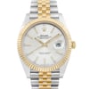 An image of an unworn Rolex Oyster Perpetual Datejust men's wristwatch. The watch is presented in a front close-up shot that focuses on the watch face, highlighting its luxury style. The dial color is silver, and it features a yellow gold bezel. The band is two-tone, combining yellow gold and steel, and is made of stainless steel and yellow gold. The round case material is stainless steel. The watch is positioned straight on at a close distance, allowing clear visibility of the brand name, the time indicators, and the date window at the 3 o'clock position.