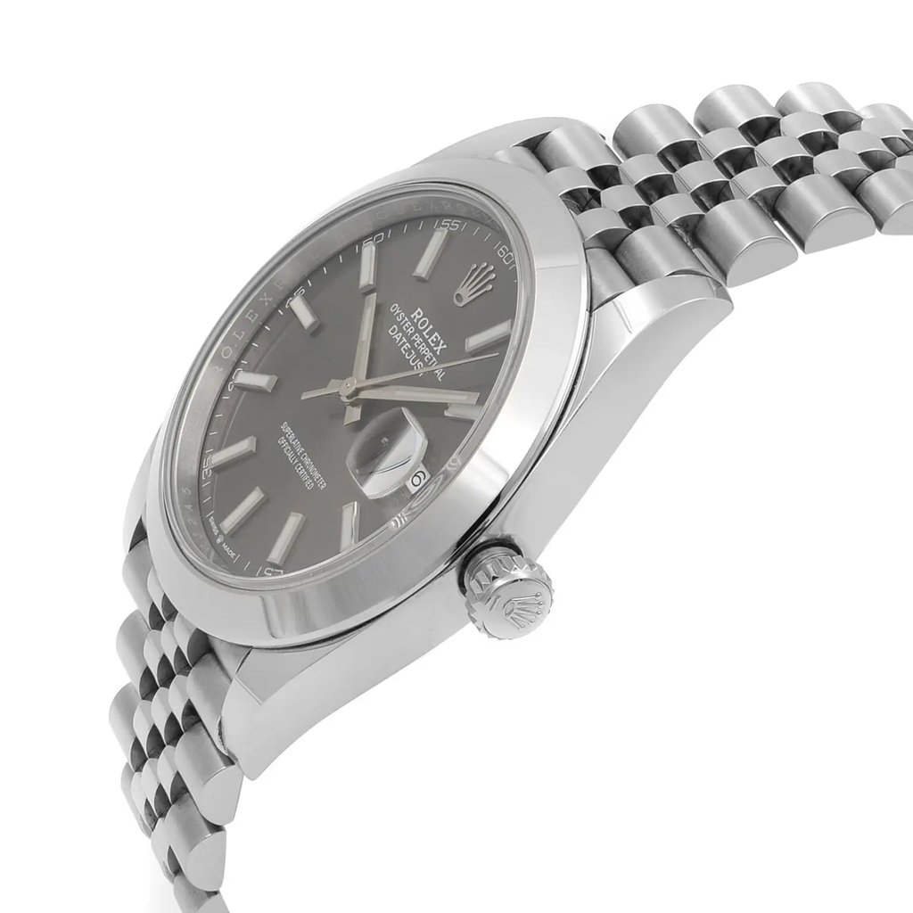 View Of Crown Facing Side Of Rolex 126300RSJ Stainless Steel Watch Display Model Condition