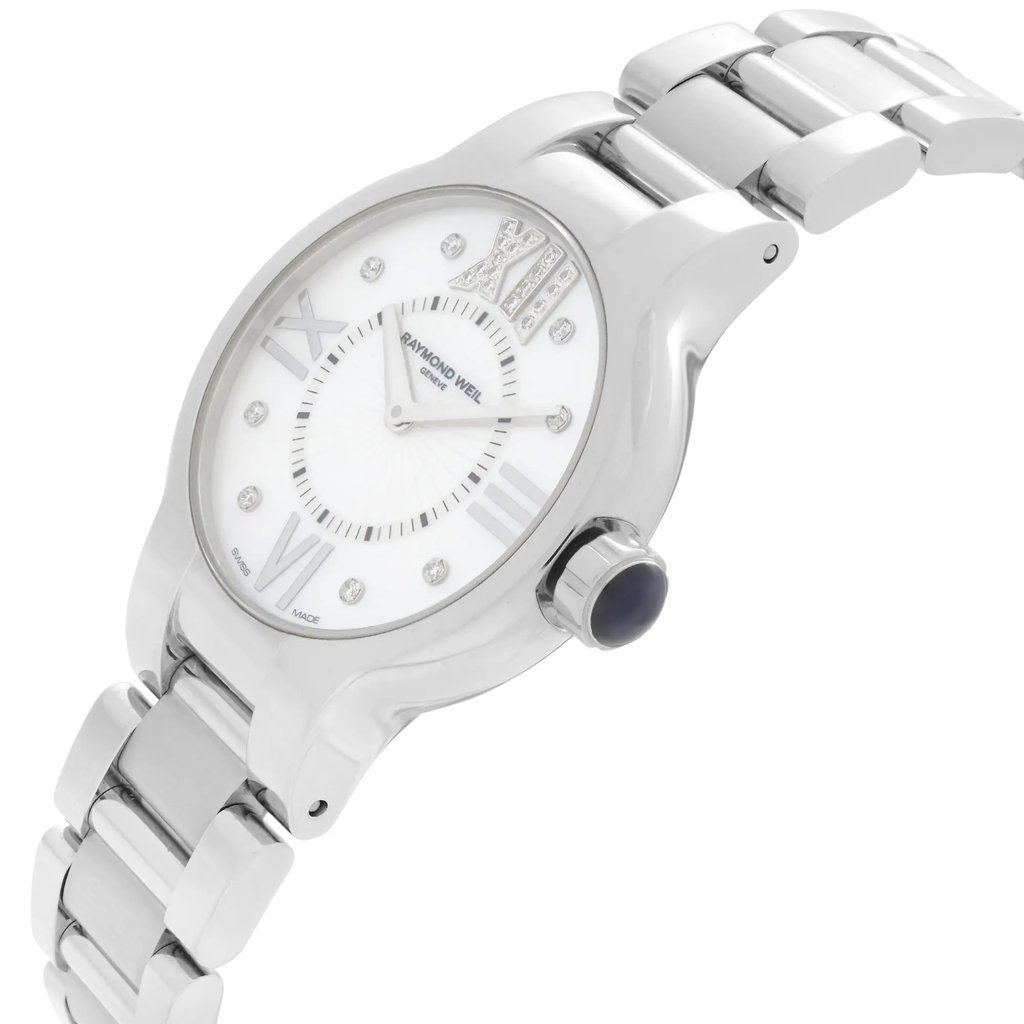 An image of an unworn RAYMOND WEIL women's wristwatch in a side profile view, positioned at a slight angle with the crown facing the viewer. The watch features a white mother of pearl dial and a round stainless steel case, complemented by a stainless steel band. The watch has a dress/formal style with a close-up perspective, showcasing the crown's detail and the watch's design clearly.