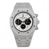 An image of a pre-owned Audemars Piguet  Royal Oak Silver Dial Steel Automatic Watch mens wristwatch. The watch is positioned upright and facing forward, showcasing its detailed face and luminous hands. The angle is straight-on, providing a clear view of the watch's features, including its chronograph dials and textured bezel. The distance captures the entire watch, highlighting its metallic band and sleek design. No original box and papers. Recently serviced. The movement is calibrated and keeps time well, It shows light signs of wear.