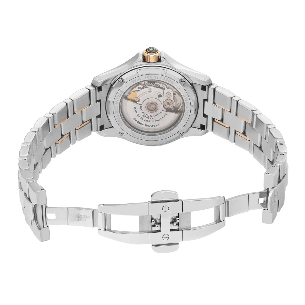 Back View Of Exhibition Back Case And Open Stainless Steel Band Of RAYMOND WEIL 2965-SG5-00658 Watch Pre Owned Condition