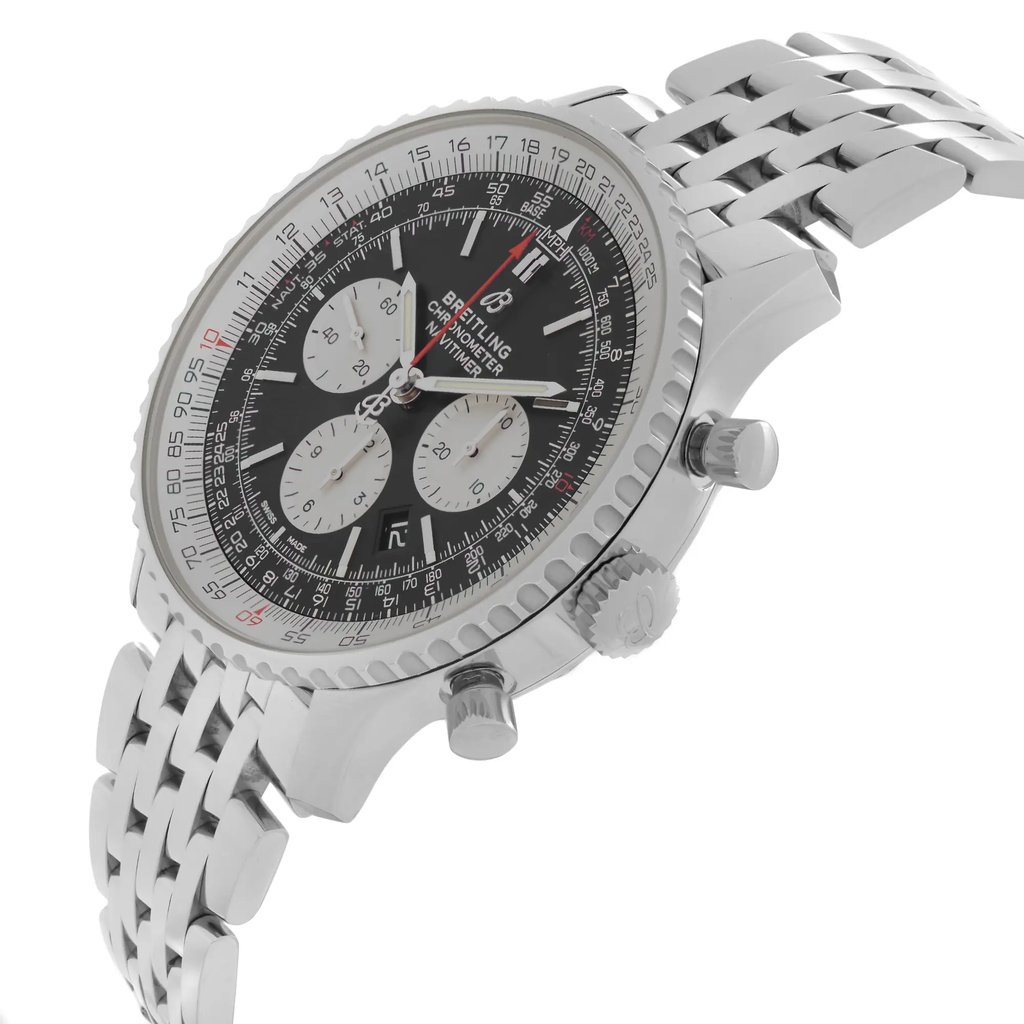 An image of a Breitling men's wristwatch in a display model condition, showcased at a side profile angle with the crown visible. The watch features a luxury sports style with a round stainless steel case and a matching stainless steel band. The dial is black, complemented by a steel bezel. The watch is positioned close-up, capturing the fine details and design of the piece. The watch is a display model and may show minor signs of blemishes due to store handling. 