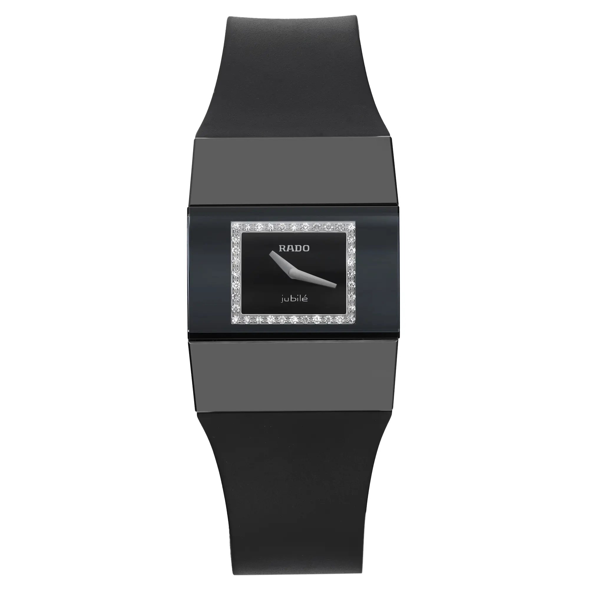 An image of a new Rado women's wristwatch with defects, presented in a full frontal view. The watch features a casual style with a black rectangular ceramic case and a rubber band. The dial is black with a diamond pattern and is surrounded by a black bezel. Notably, the dial has no hour marks but does have a 12-hour display. Although the watch is new and has never been worn, it has micro scratches on the case due to store handling. The image is taken from a close, direct angle, showcasing the entire front view of the watch.