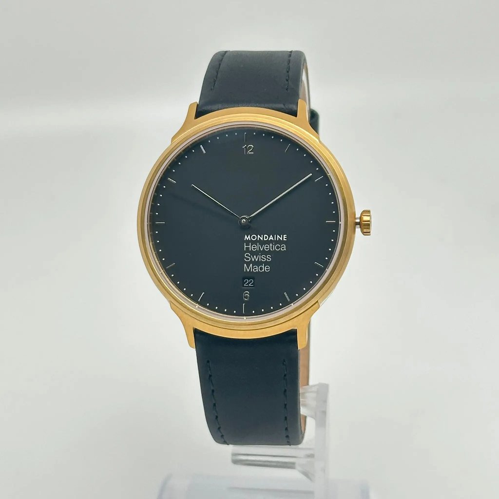 Up Close Front Facing Picture Of Mondaine MH1.L2211.LB Stainless Steel Watch Display Model Condition