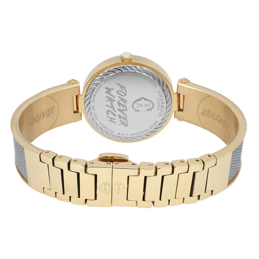 An image of a pre-owned Charriol women's wristwatch, viewed from the back at a slight angle. The gold-toned bracelet is partially open, revealing the engraved case back with the words "FOREVER WATCH." The watch features a polished clasp and links. The photograph is taken from a close distance, highlighting the details of the bracelet and case back.
