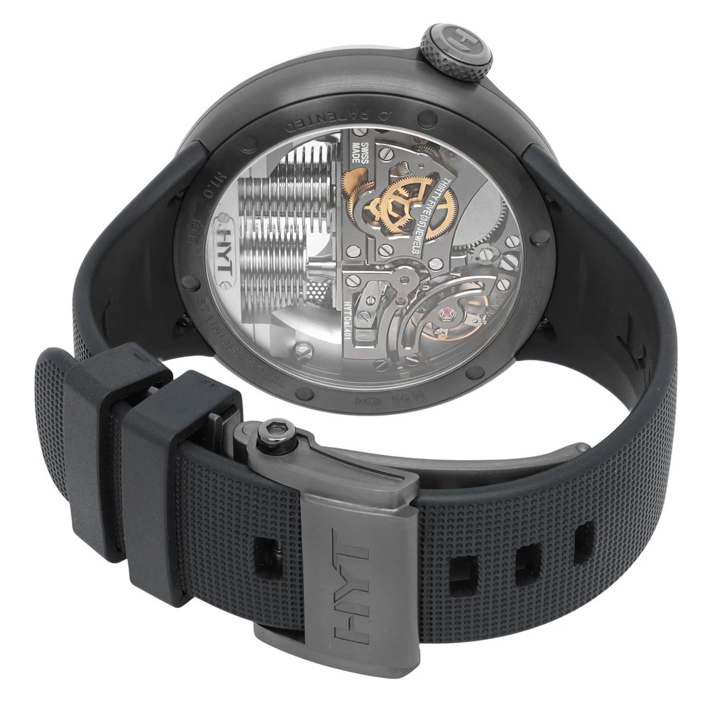 Back View Of Exhibition Back Case And Closed Rubber Band Of HYT H02022-A Watch Unworn Condition