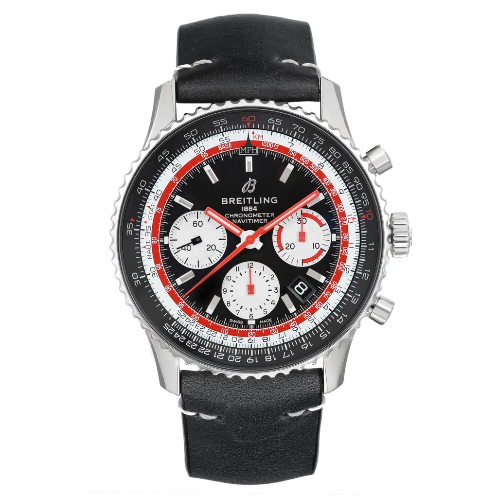 An image of a Breitling men's wristwatch in a front full frontal view, positioned centrally and photographed from a close distance. The watch showcases a pilot/aviator style with a round stainless steel case and a black leather band showing some discoloration likely due to storage. The dial is black with luminous hands, stick indexes, and features multiple hands, including a seconds hand. It has a gray bezel, and additional features include a chronograph, date indicator, and a small seconds subdial. The condition of the watch is listed as an display model.