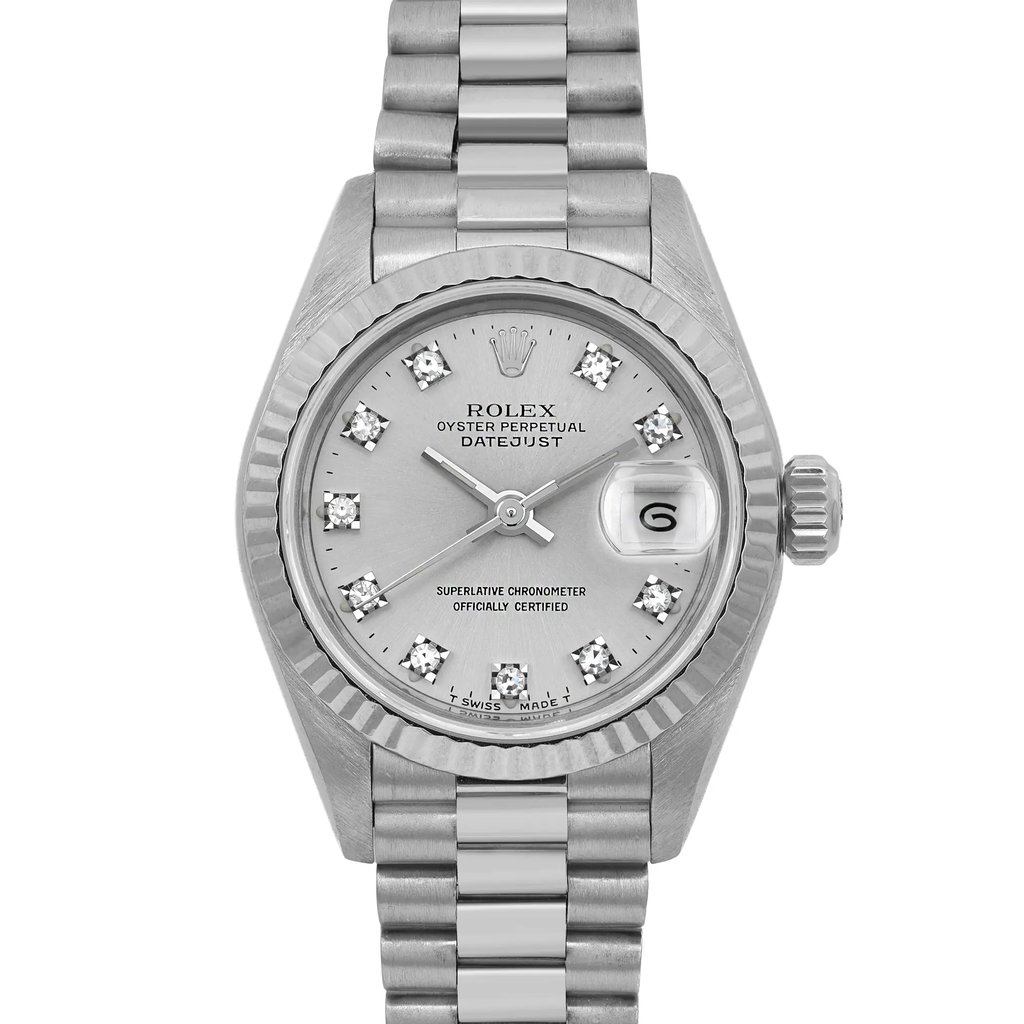 Up Close Front Facing Picture Of Rolex 69179 White Gold Watch Pre Owned Condition