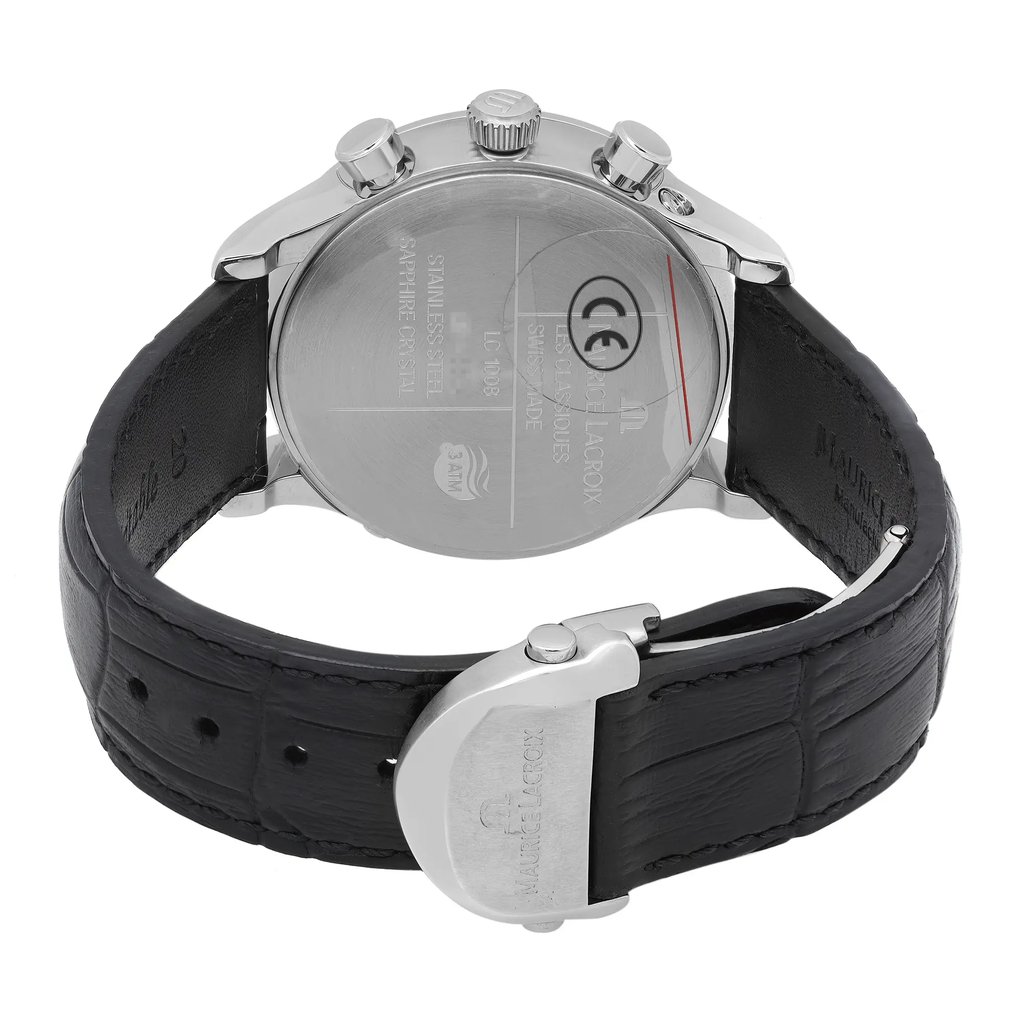 Back View Of Solid Back Case And Closed Leather Band Of Maurice Lacroix LC1008-SS001-130 Watch Unworn Condition