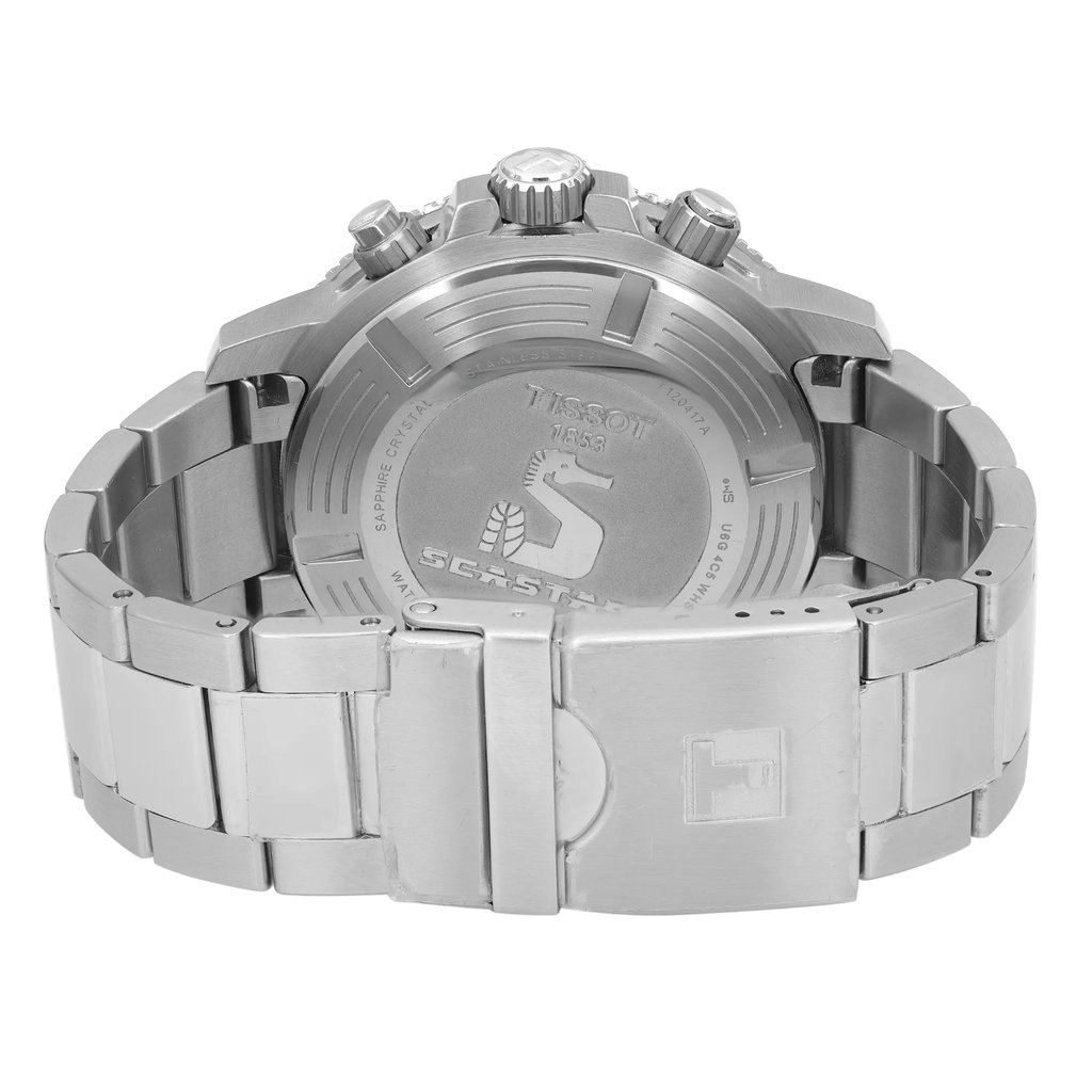 Back View Of Screwback Back Case And Closed Stainless Steel Band Of Tissot T1204171105100 Watch New With Defects Condition