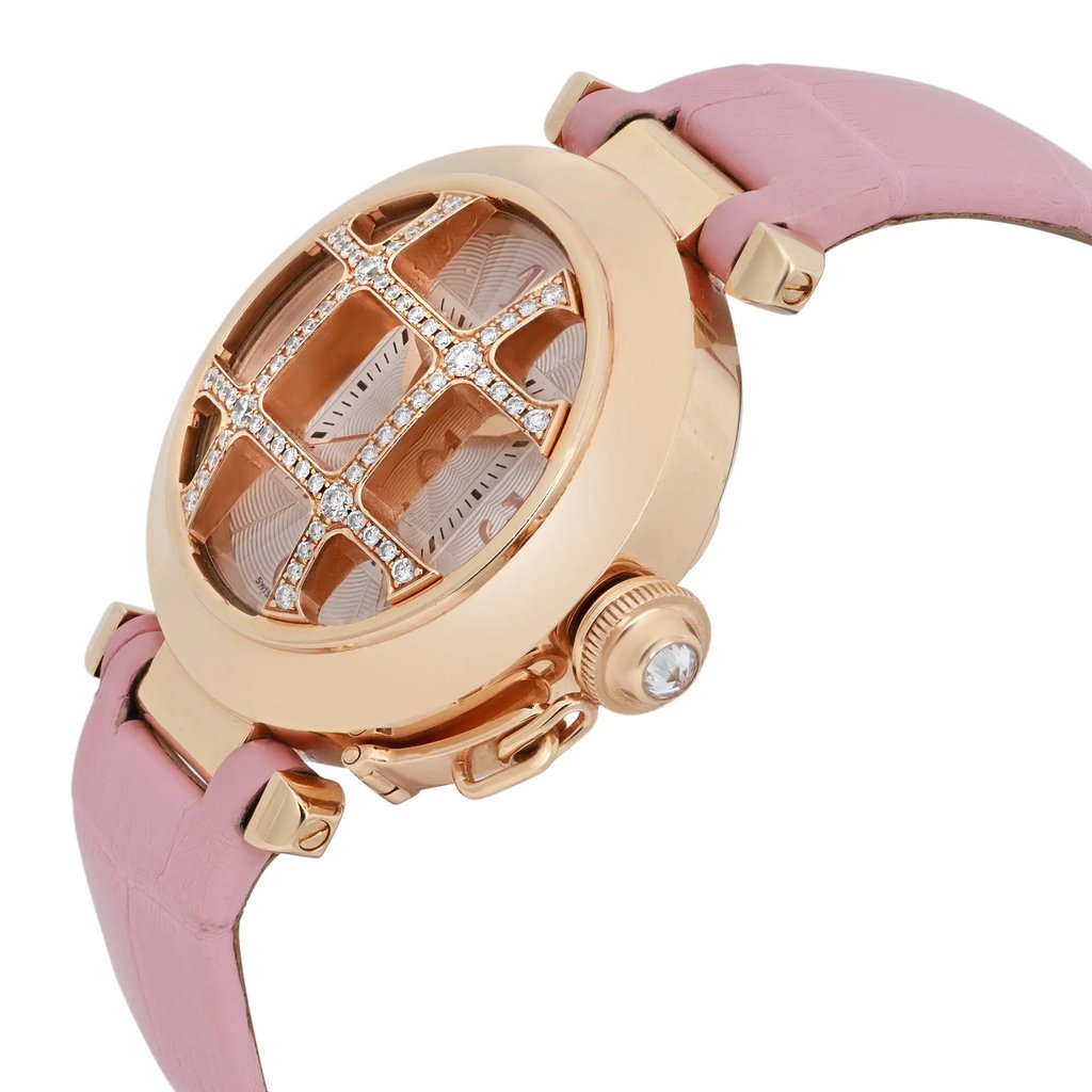 An image of a pre-owned Cartier women's wristwatch, taken from a slightly angled side view. The watch features a rose gold case with a distinctive grid pattern adorned with diamonds on the face. The pink leather strap is visible, with the watch's crown and date indicator located on the right side. The photo is taken at a close distance, highlighting the luxurious details and craftsmanship of the timepiece.