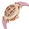 An image of a pre-owned Cartier women's wristwatch, taken from a slightly angled side view. The watch features a rose gold case with a distinctive grid pattern adorned with diamonds on the face. The pink leather strap is visible, with the watch's crown and date indicator located on the right side. The photo is taken at a close distance, highlighting the luxurious details and craftsmanship of the timepiece.