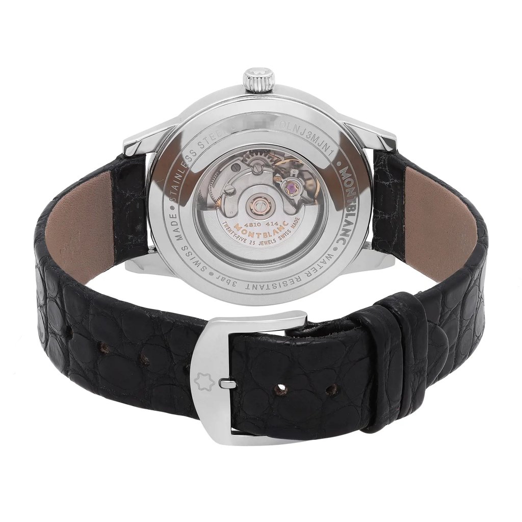 An image of a pre-owned Montblanc women's wristwatch, displayed from the back view with a close clasp. The watch features an exhibition caseback made of stainless steel, showing the inner mechanics, with tiny scratches visible on the surface. The watch is positioned centrally and photographed at a slight angle, highlighting the buckle closure of the black leather band. The round shape of the watch case is evident, and the image is taken from a close distance to show detail.