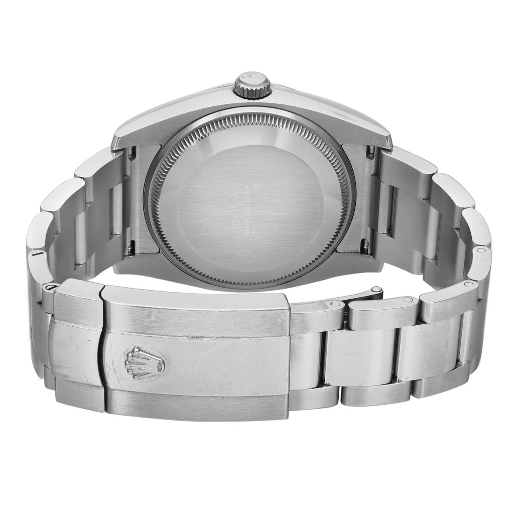 Back View Of Screwback Back Case And Closed Stainless Steel Band Of Rolex 115234 Watch Pre Owned Condition