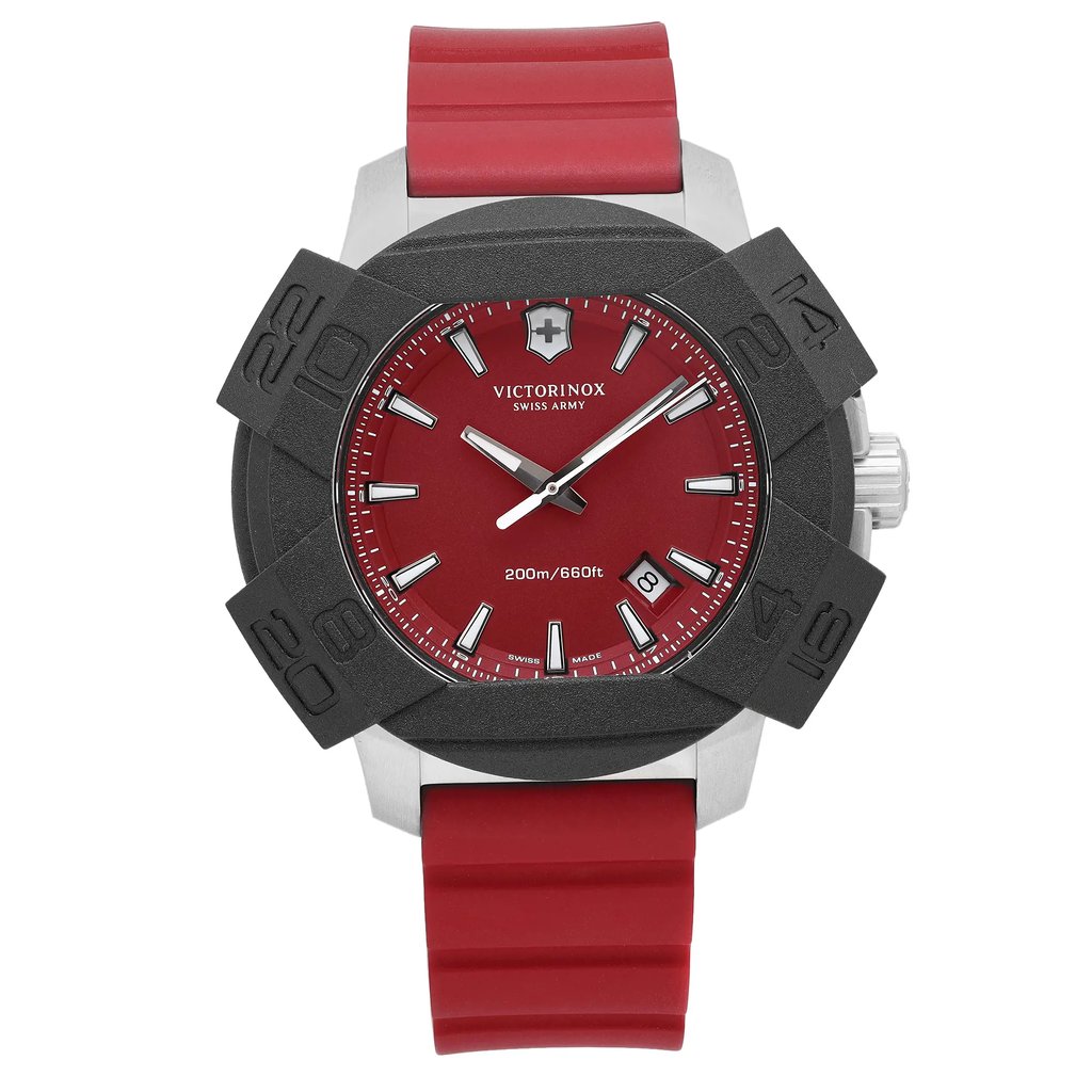 An image of a Wristwatch by Victorinox. This Display Model item is designed for Men, featuring a Casual style. It has a Quartz movement and an Analog display with a Red dial color. The indices include 12-Hour Dial,Stick Indexes. The band is made of Stainless Steel and the case is made of Stainless Steel. The watch has a Round shape with a case size of 43 mm and a case thickness of 14 mm.