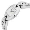 An image of a pre-owned women's Gucci wristwatch, captured at a close-up angle. The watch features a sleek, polished metal chain-link bracelet and an oval-shaped case. The dial is minimalistic with black hands and the Gucci logo at the top. The side view highlights the watch's crown and the smooth links of the bracelet.