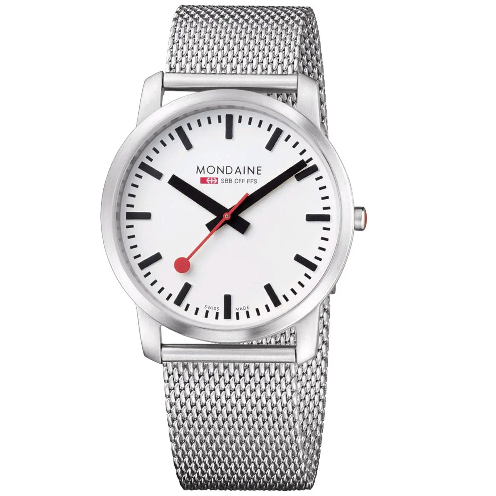 An image of a Wristwatch by Mondaine. This Display Model item is designed for Women, featuring a Casual,Classic,Dress/Formal style. It has a Quartz movement and an Analog display with a White dial color. The indices include 12-Hour Dial,Stick Indexes. The band is made of Stainless Steel and the case is made of Stainless Steel. The watch has a Round shape with a case size of 41 mm and a case thickness of 7 mm.