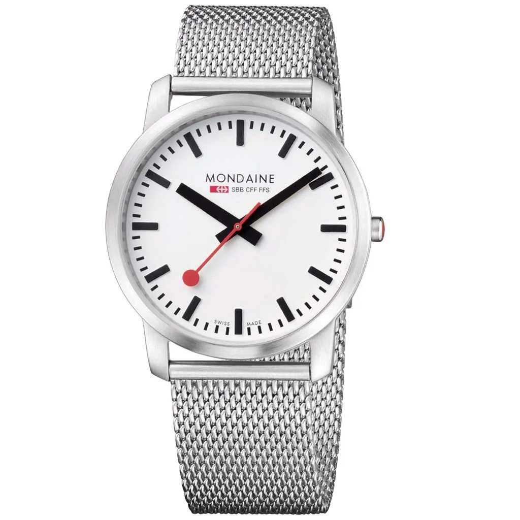 An image of a Wristwatch by Mondaine. This Display Model item is designed for Women, featuring a Casual,Classic,Dress/Formal style. It has a Quartz movement and an Analog display with a White dial color. The indices include 12-Hour Dial,Stick Indexes. The band is made of Stainless Steel and the case is made of Stainless Steel. The watch has a Round shape with a case size of 41 mm and a case thickness of 7 mm.