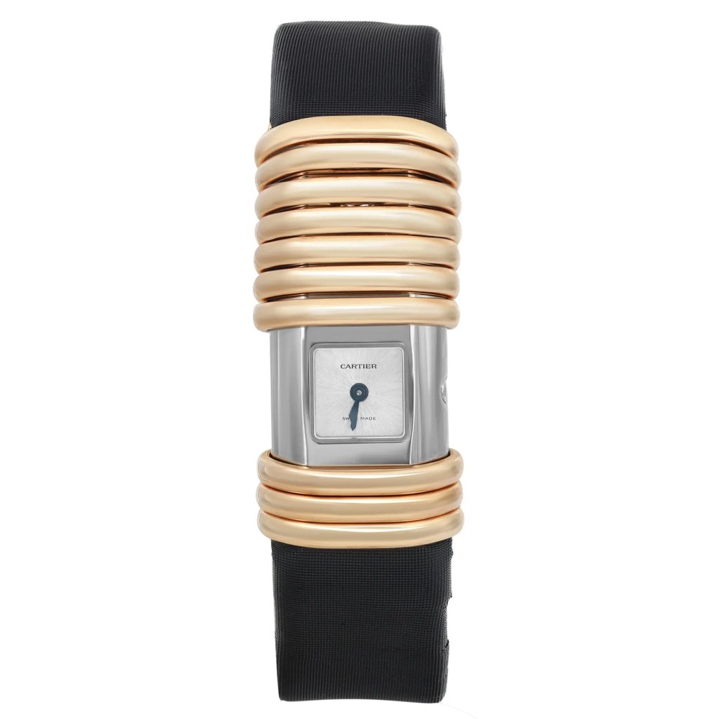 An image of a pre-owned wristwatch taken from a front full frontal view. The watch features a rectangular face with minimalist design elements, surrounded by a series of gold rings. The strap is black, complementing the watch's elegant look. The overall appearance is sleek and sophisticated, captured from a close distance to highlight the details.