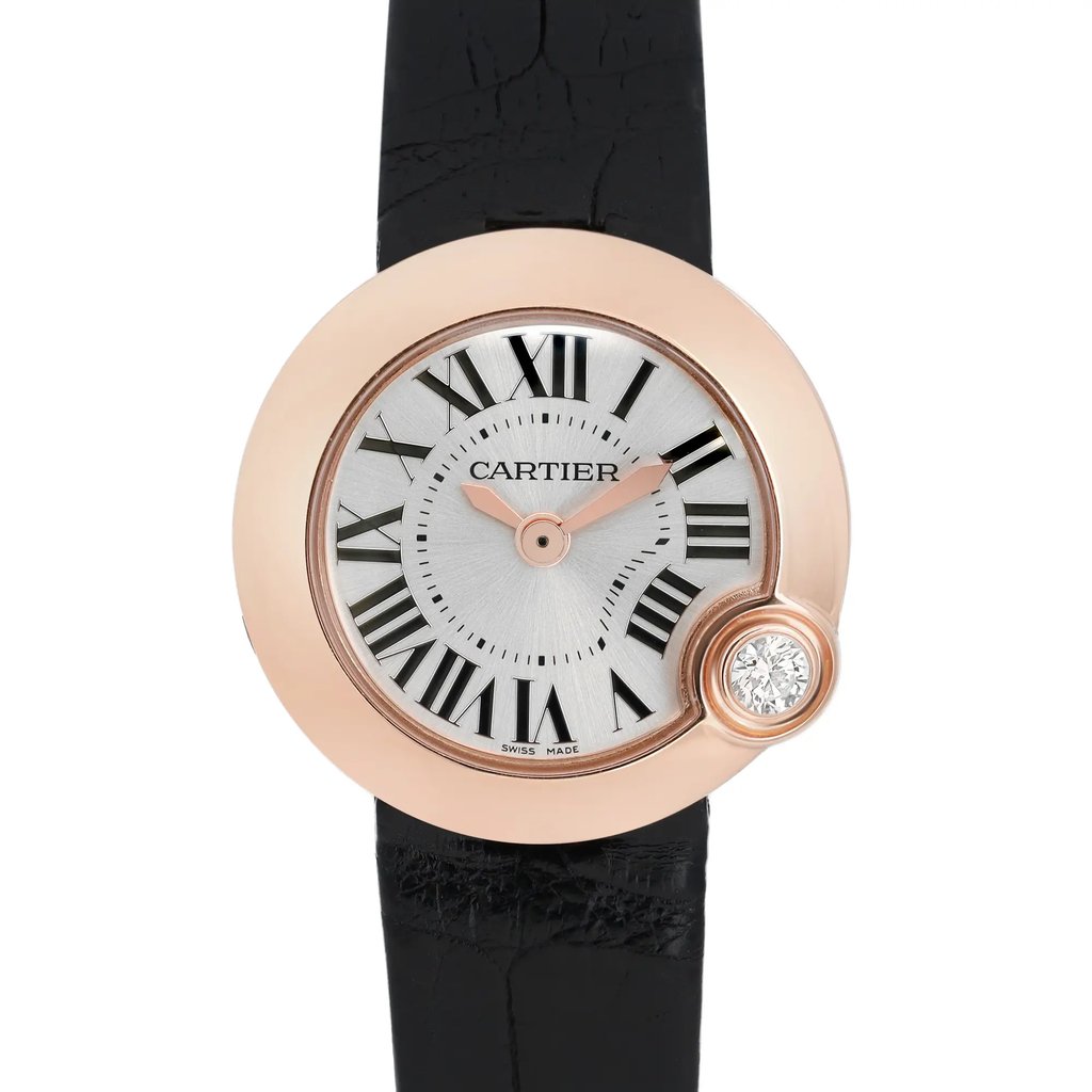 Up Close Front Facing Picture Of Cartier WGBL0002 Rose Gold Watch Pre Owned Condition