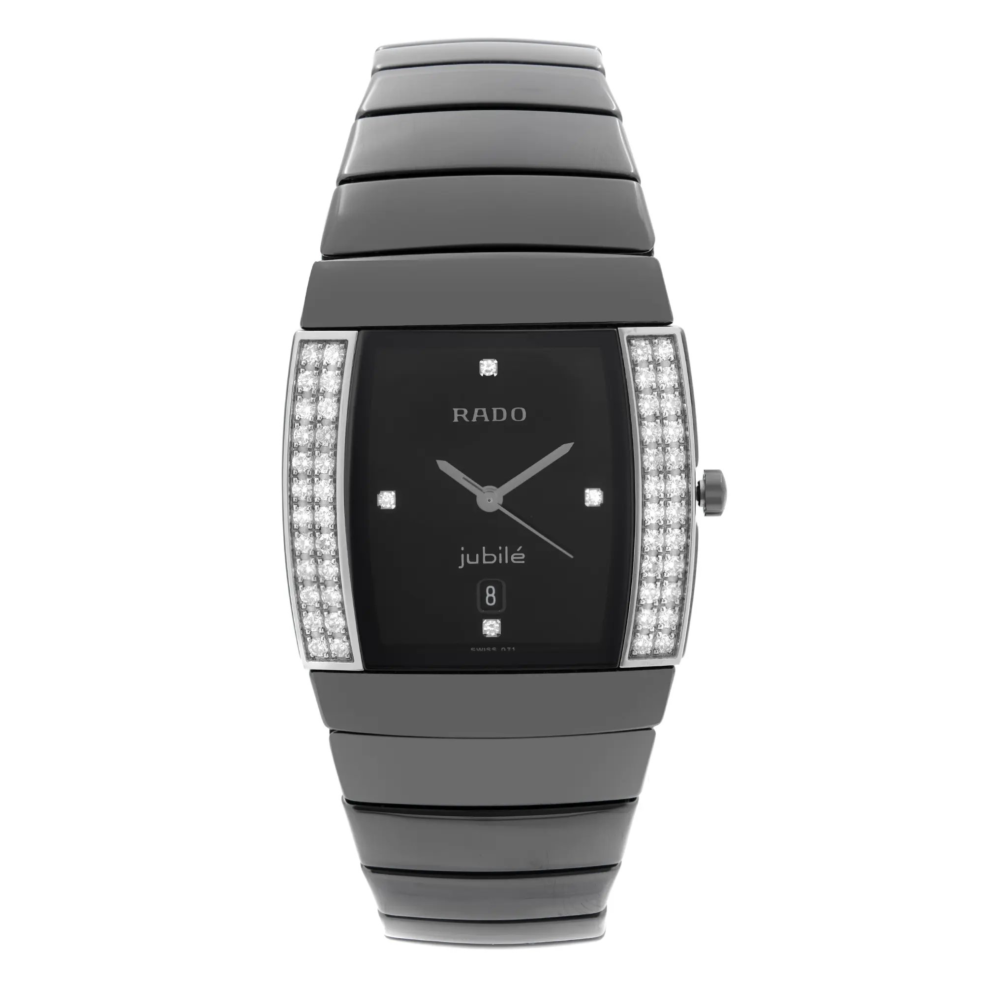An image of a Wristwatch by Rado. This Pre Owned item is designed for Women, featuring a Dress/Formal style. It has a Quartz movement and an Analog display with a Black dial color. The indices include 12-Hour Dial,Non-Numeric Hour Marks. The band is made of Ceramic and the case is made of Ceramic. The watch has a Rectangle shape with a case size of 30 mm and a case thickness of 8 mm.