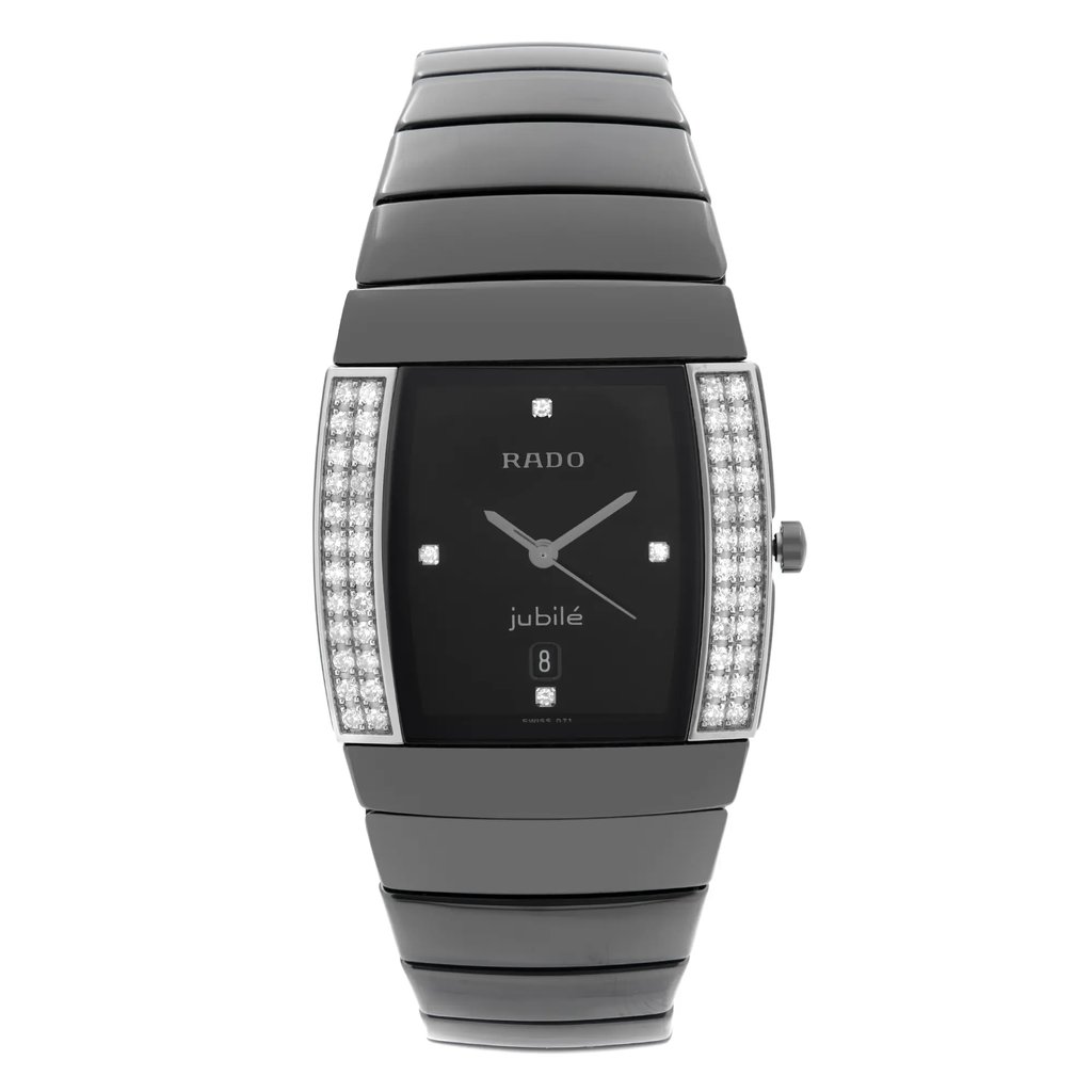 An image of a Wristwatch by Rado. This Pre Owned item is designed for Women, featuring a Dress/Formal style. It has a Quartz movement and an Analog display with a Black dial color. The indices include 12-Hour Dial,Non-Numeric Hour Marks. The band is made of Ceramic and the case is made of Ceramic. The watch has a Rectangle shape with a case size of 30 mm and a case thickness of 8 mm.