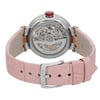 An image of a pre-owned wristwatch shown from the back view with a focus on its open clasp. The watch features a transparent case back revealing intricate internal mechanisms. It has a pink leather strap and a silver buckle with the brand name engraved. The shot is taken from a close distance, capturing the details of the watch's components and strap texture at a straight angle.