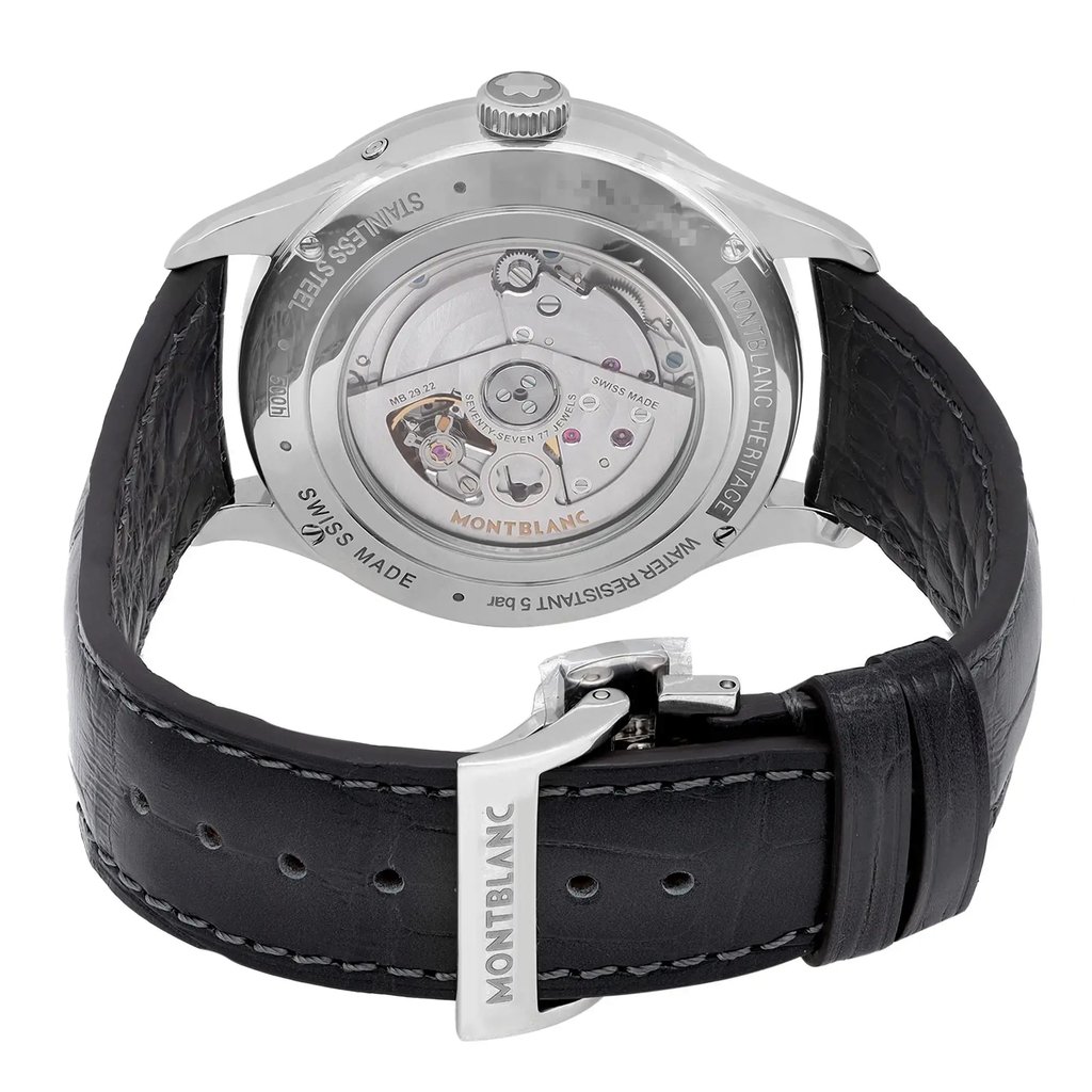 An image of a pre-owned Montblanc men's wristwatch, showcasing the back view with a closed clasp. Positioned at a slight angle, the stainless steel caseback reveals an exhibition design displaying the watch's internal mechanics. The round watch is attached to a black leather band with visible stitching and has a deployant closure. The Montblanc brand name is prominently displayed on the back of the case and on the metal part of the clasp, with a close-up perspective emphasizing the details and craftsmanship.