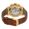 An image of a pre-owned men's Chopard wristwatch viewed from the back at a close angle. The watch features a gold case with visible chronograph buttons and a transparent back showcasing the intricate mechanical movement. The brown leather strap is partially visible, and the Chopard branding is engraved on the clasp.