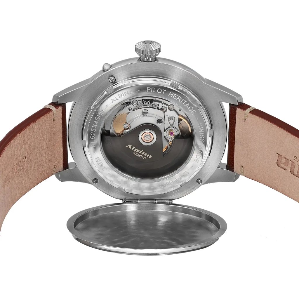 Back View Of Solid Back Case And Open Leather Band Of Alpina AL-525X4SH6 Watch Pre Owned Condition