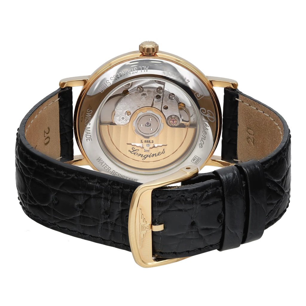 Back View Of Exhibition Back Case And Closed Leather,Stainless Steel Band Of Longines L4.921.2.11.2 Watch Pre Owned Condition