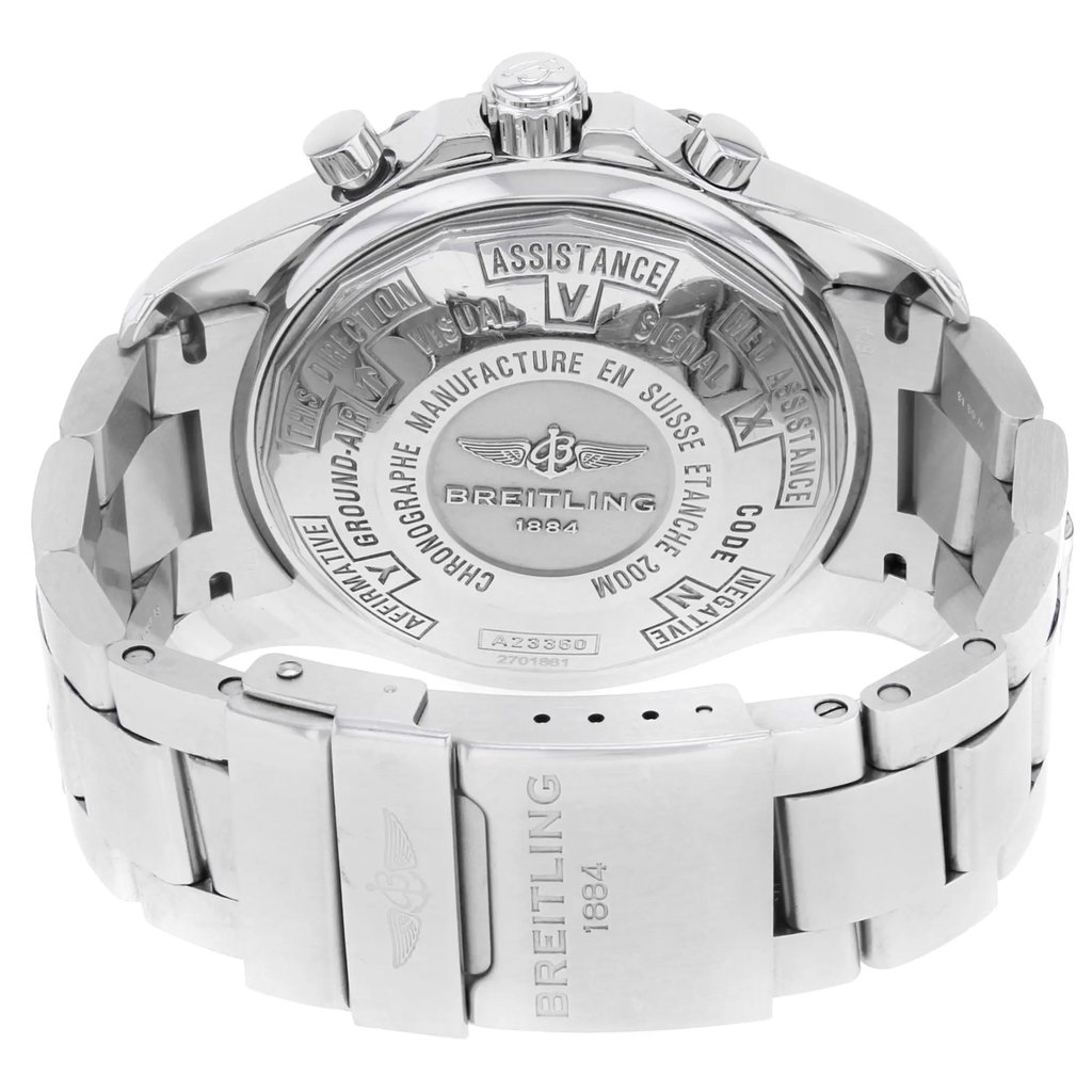 Back View Of {Caseback} Back Case And Closed Stainless Steel Band Of Breitling A2336035/F555-167A Watch Pre Owned Condition