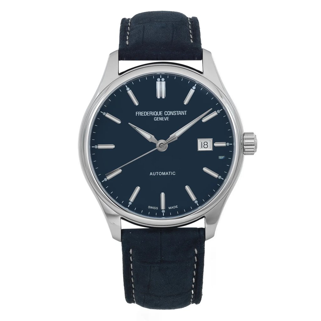 An image of a Wristwatch by Frederique Constant. This Display Model item is designed for Men, featuring a Casual style. It has a Mechanical (Automatic) movement and an Analog display with a Blue dial color. The indices include 12-Hour Dial,Stick Indexes. The band is made of Leather and the case is made of Stainless Steel. The watch has a Round shape with a case size of 40 mm and a case thickness of 10 mm.