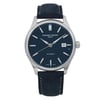 An image of a Wristwatch by Frederique Constant. This Display Model item is designed for Men, featuring a Casual style. It has a Mechanical (Automatic) movement and an Analog display with a Blue dial color. The indices include 12-Hour Dial,Stick Indexes. The band is made of Leather and the case is made of Stainless Steel. The watch has a Round shape with a case size of 40 mm and a case thickness of 10 mm.
