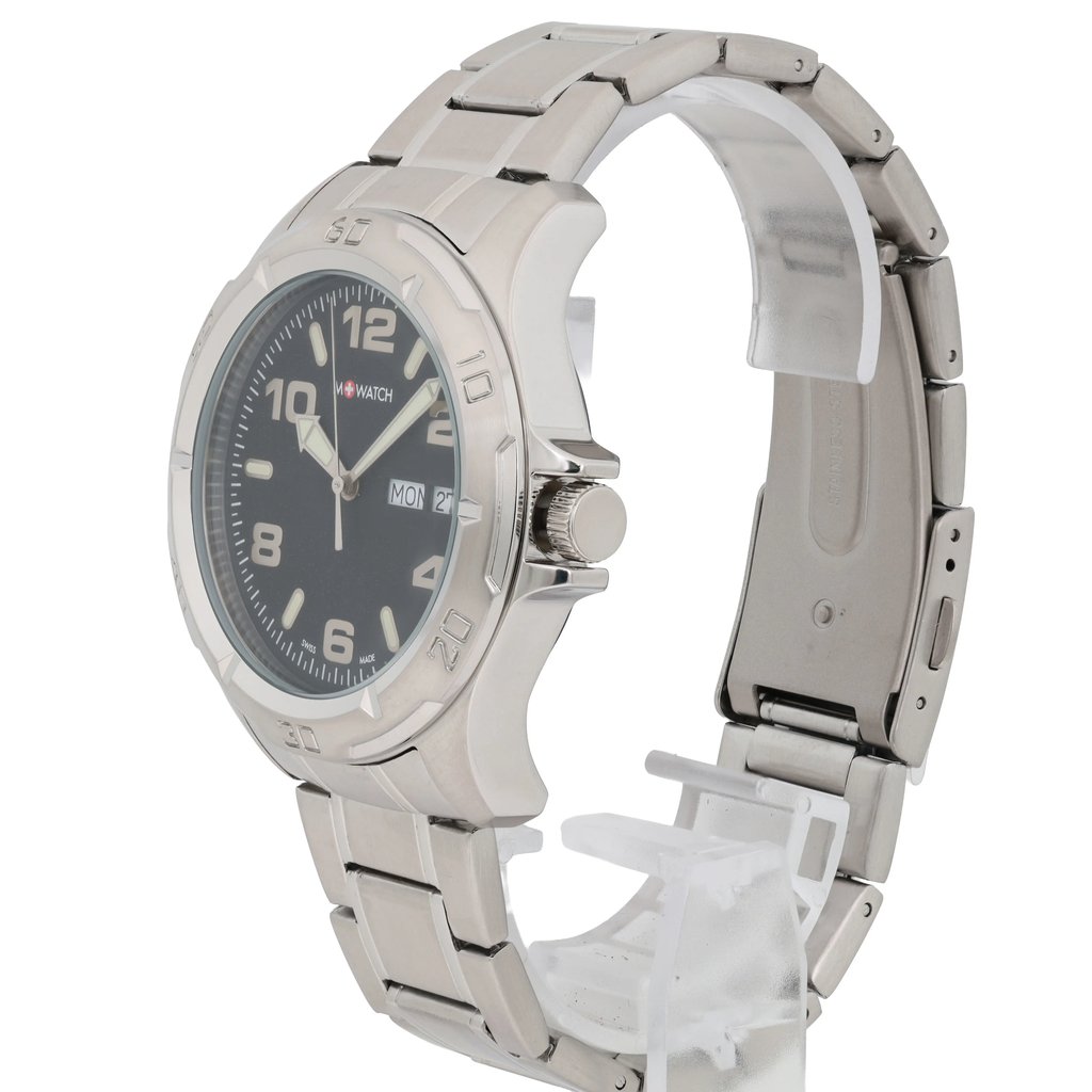 View Of Crown Facing Side Of M-Watch WBD.16320.SJ Stainless Steel Watch New Without Tags Condition