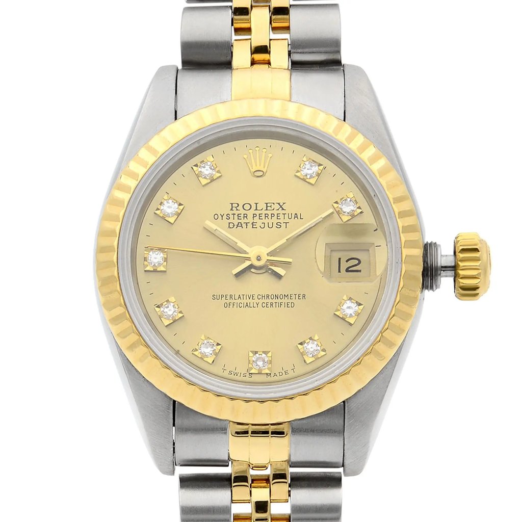 An image of a pre-owned women's Rolex wristwatch, positioned upright and captured from a front-facing angle. The watch features a two-tone metal bracelet with gold and stainless links. The dial is gold with diamond hour markers and a date indicator at the 3 o'clock position. The bezel is gold, complementing the overall elegant design. The image is taken at a close distance, highlighting the watch's intricate details.
