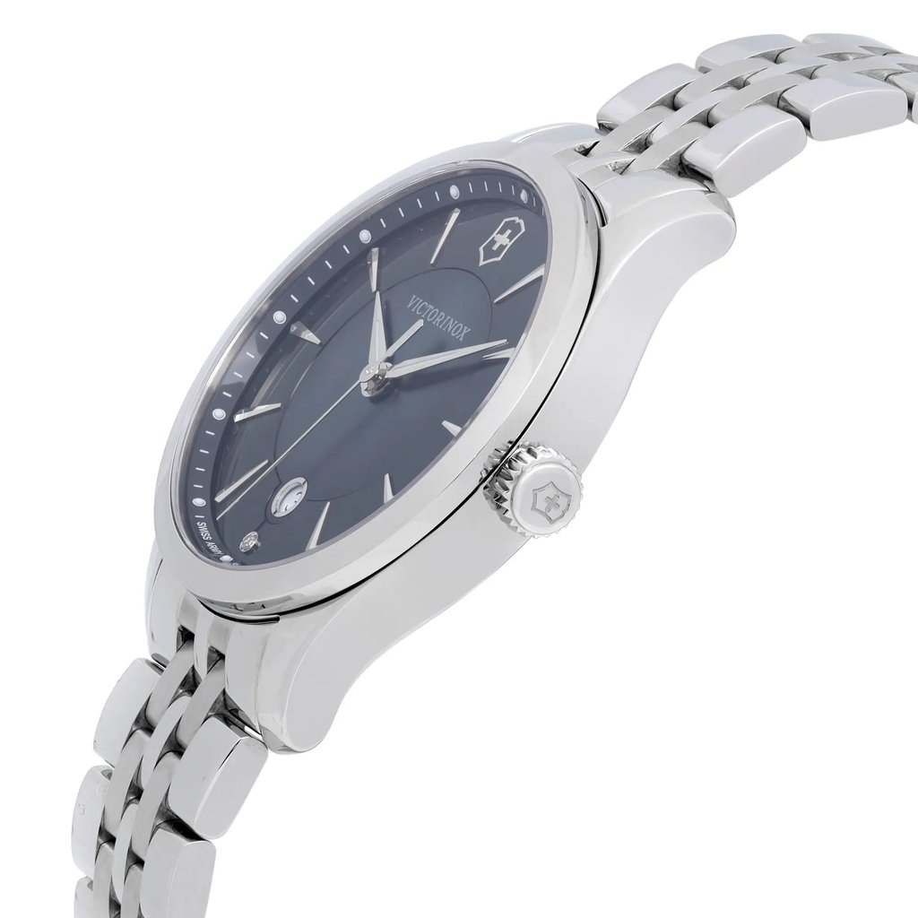 View Of Crown Facing Side Of Victorinox 241751 Stainless Steel Watch Display Model Condition